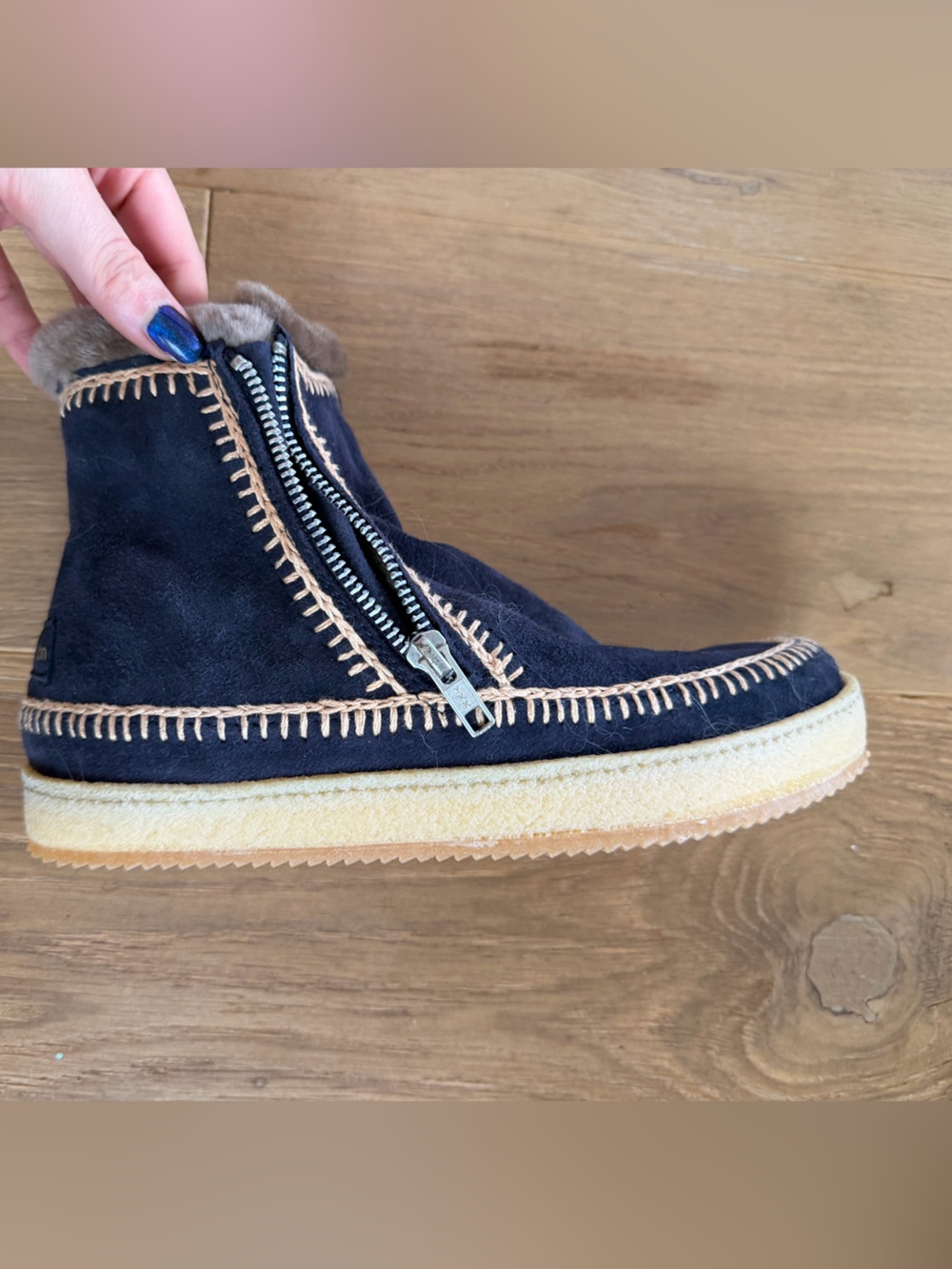Laidback London Setsu Crochet Ankle Boot Navy Suede Latte